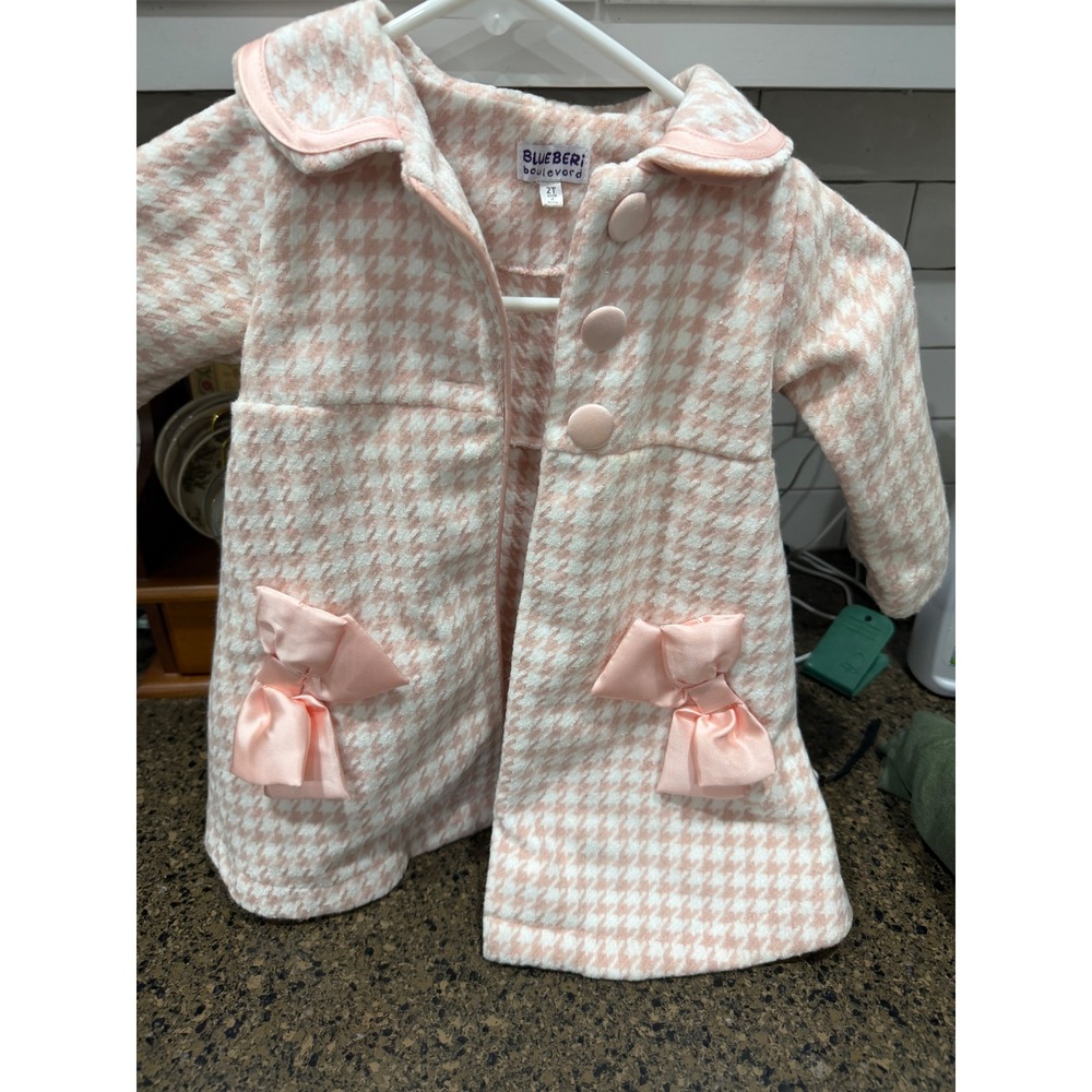 Blueberi Boulevard Girls Pink Houndstooth Bow Dress Coat 2T‎